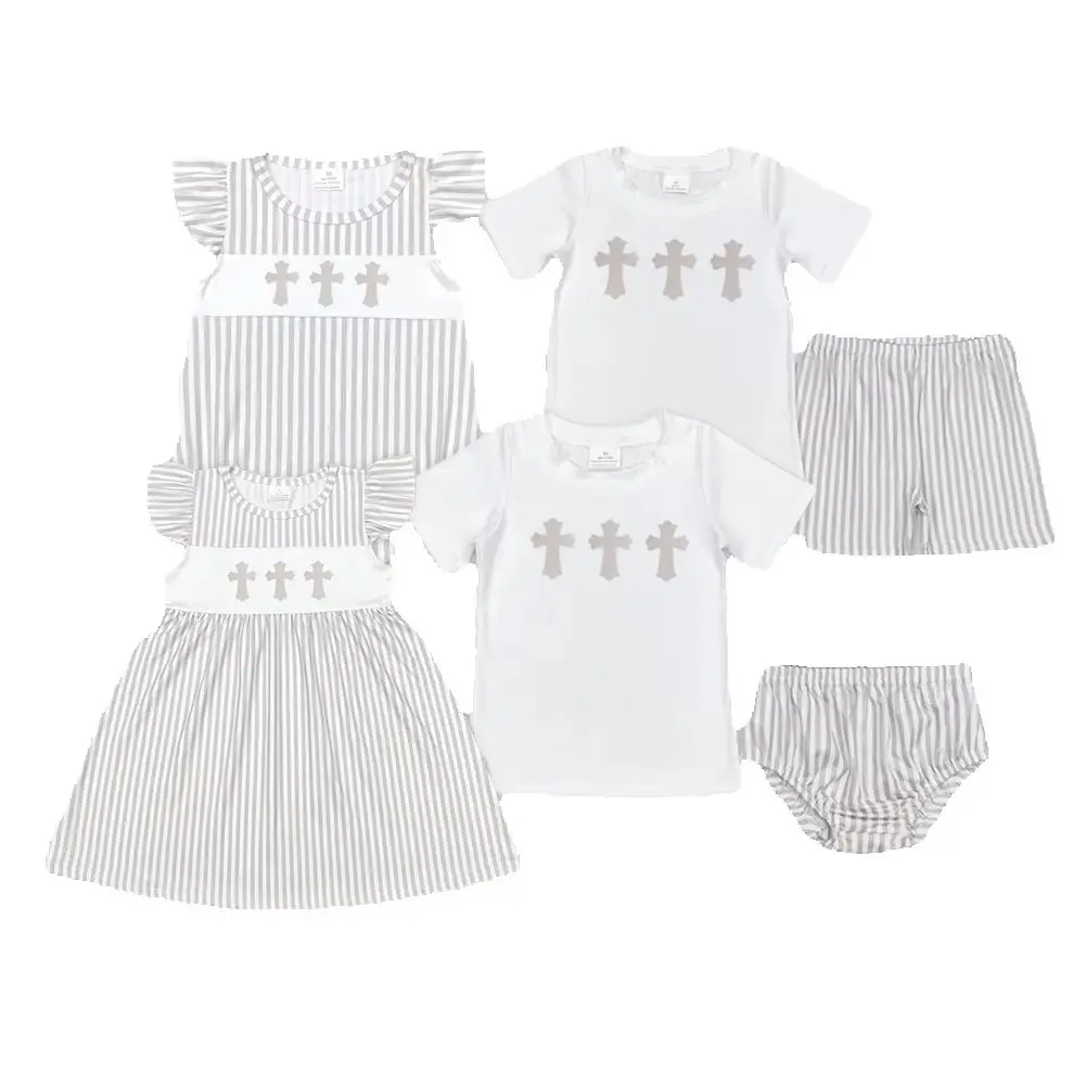 

Sibling Cross white shirt khaki stripe shorts boy easter outfits
