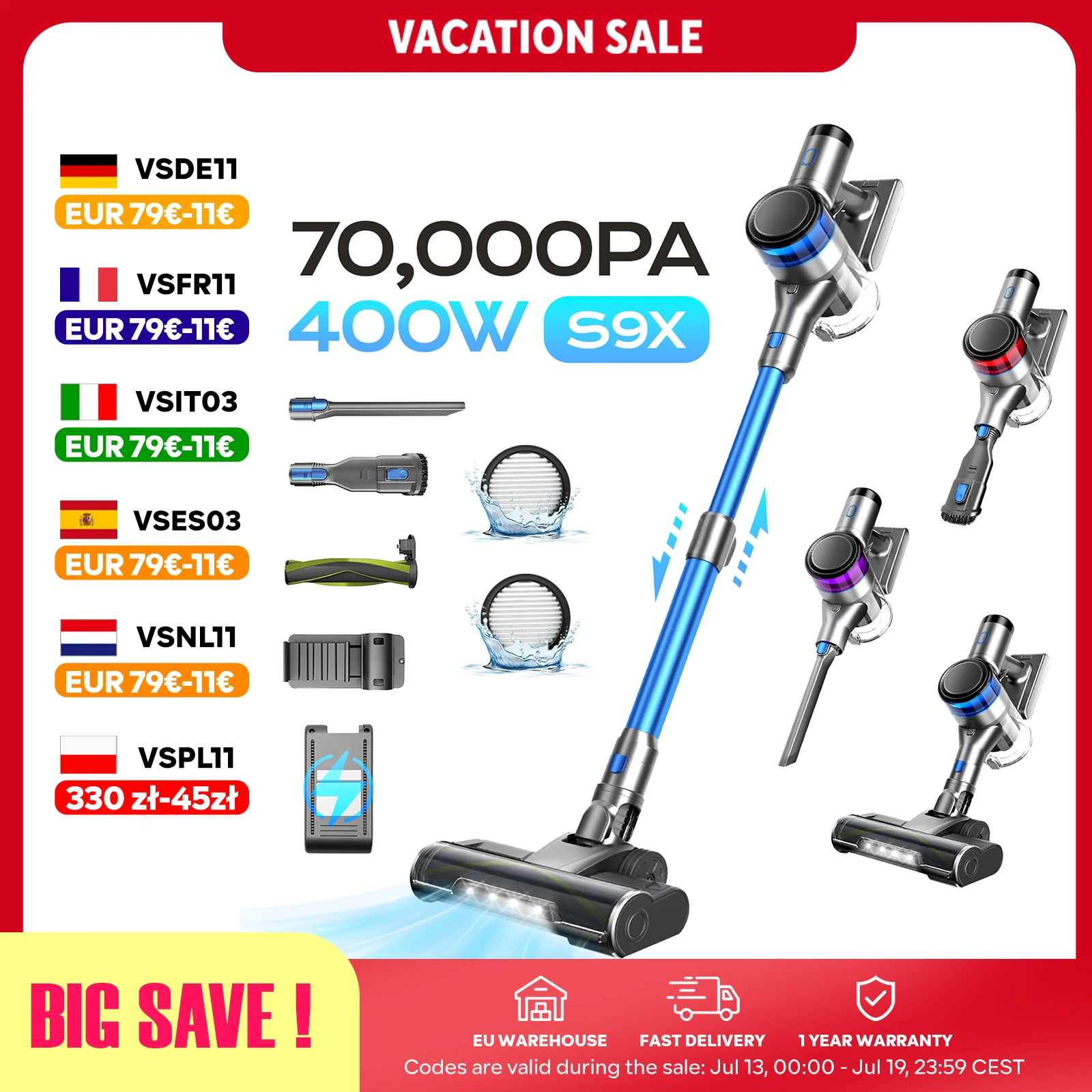 70KPa 400W Aspirateur sans Fil, Tasse à Poussière de 1 L, Affichage Lumineux la Batterie, pour les Poils D'animaux, Tapis