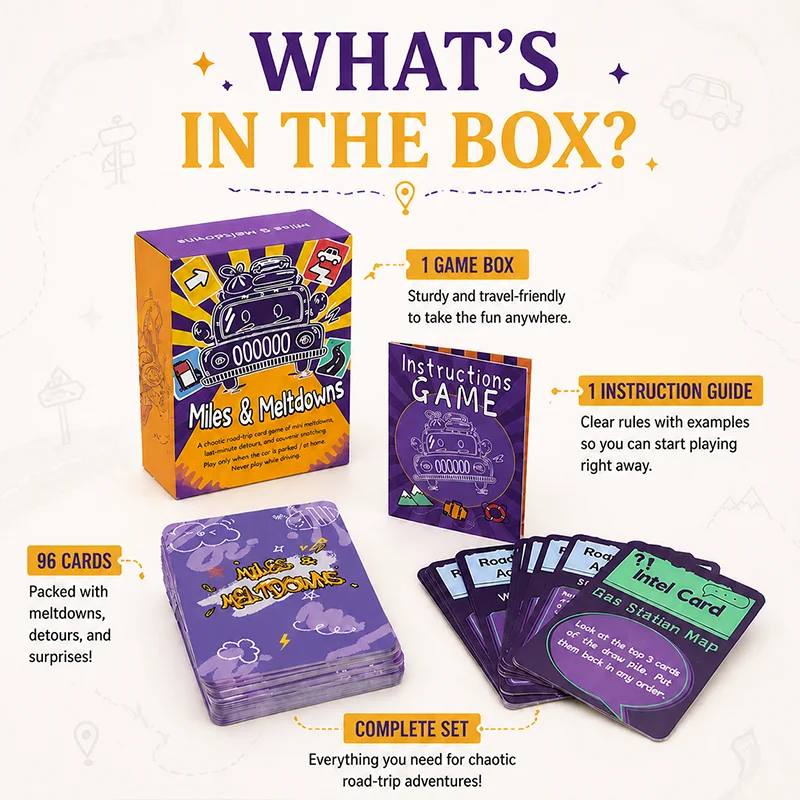 Miles & Meltdowns Road Trip Card Game for 2-6 Players, Take-That Party Game with Meltdown Cards, Souvenir Points, Ages 14+