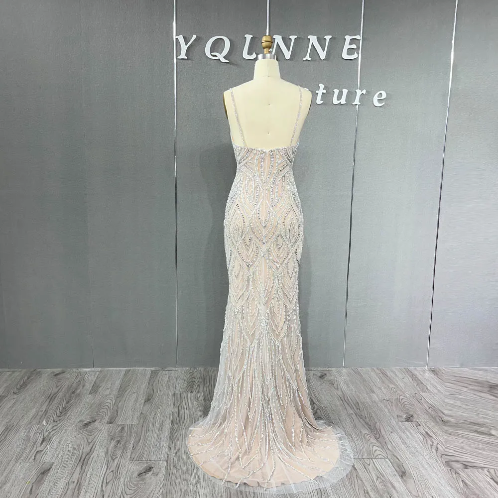 Gorgeous Straps Nude Crystals Beaded Evening Dresses Mermaid Silver Tulle Women Party Gown Vestido De Noche