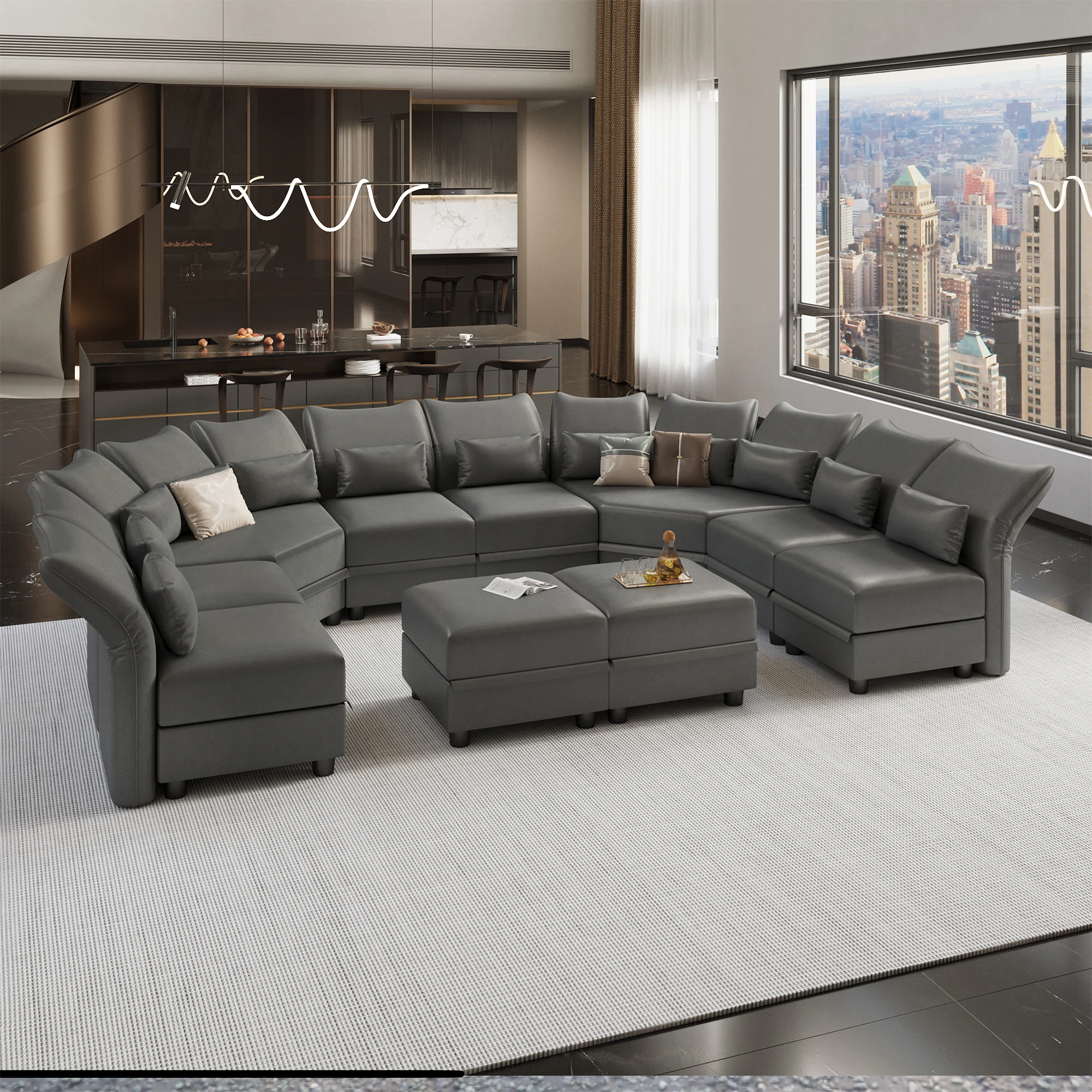 Large Modular Sectional 10 Seat U Shaped Sofa with Storage, Faux Leather Waterproof Sectional Couch for Living Room, Grey