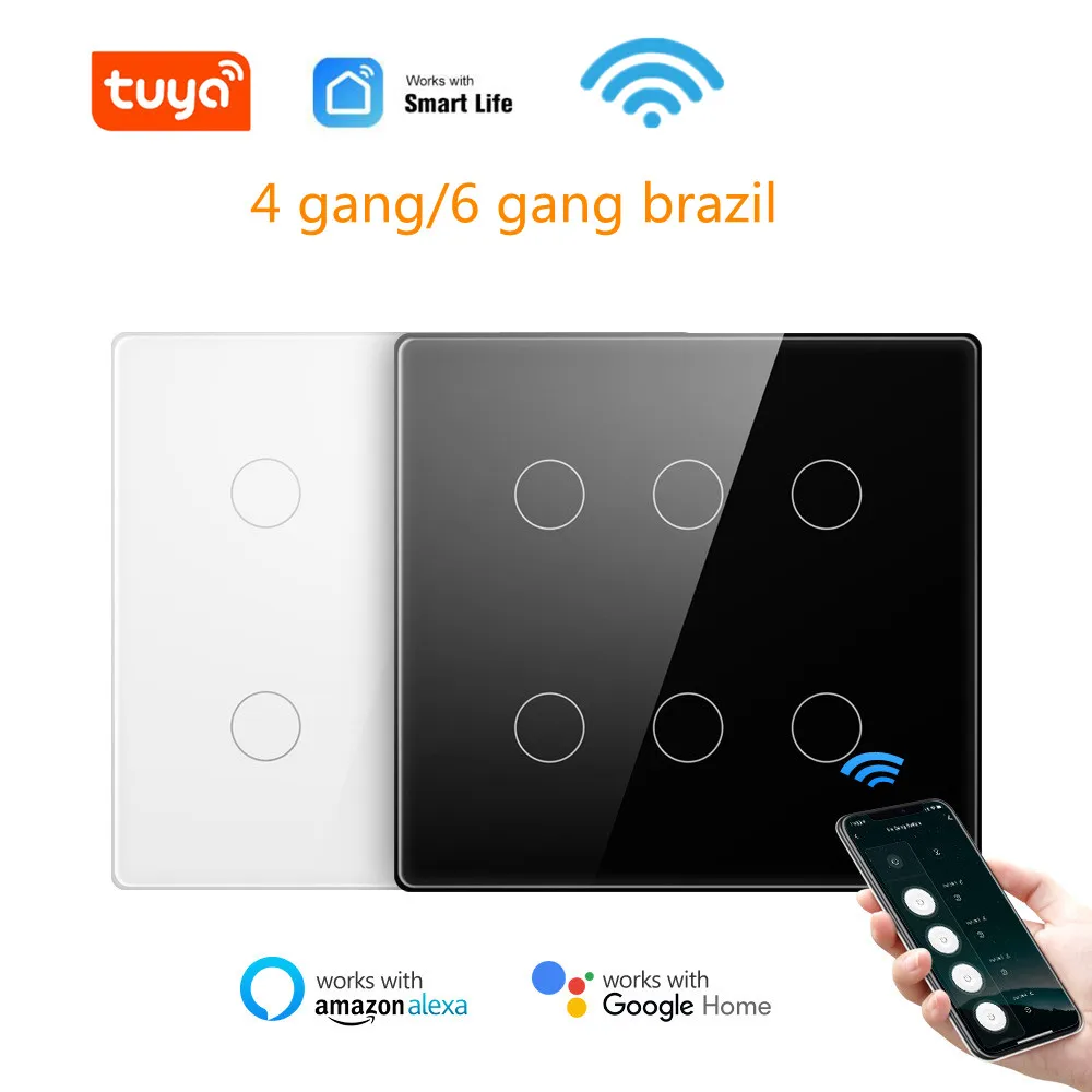 Brazil 4x4 Tuya WiFi Smart Light Switch 4/6 Gang Touch Wall 110-240V Screen Panel APP Neutral Wire work with Alexa Google Home