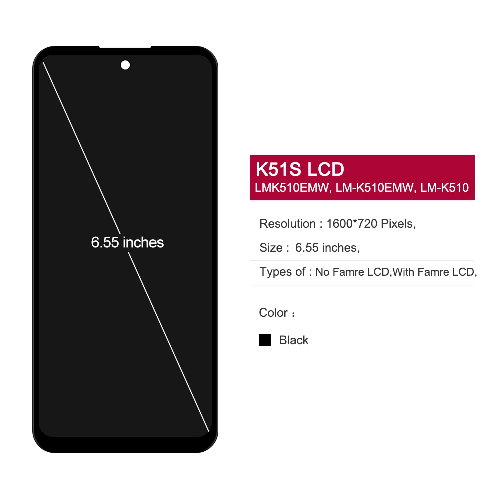 6.55\'\' High Quality For LG K51S Display Touch Screen Assembly Digitizer For LG K51S LCD LMK510EMW, LM-K510 Screen With Frame