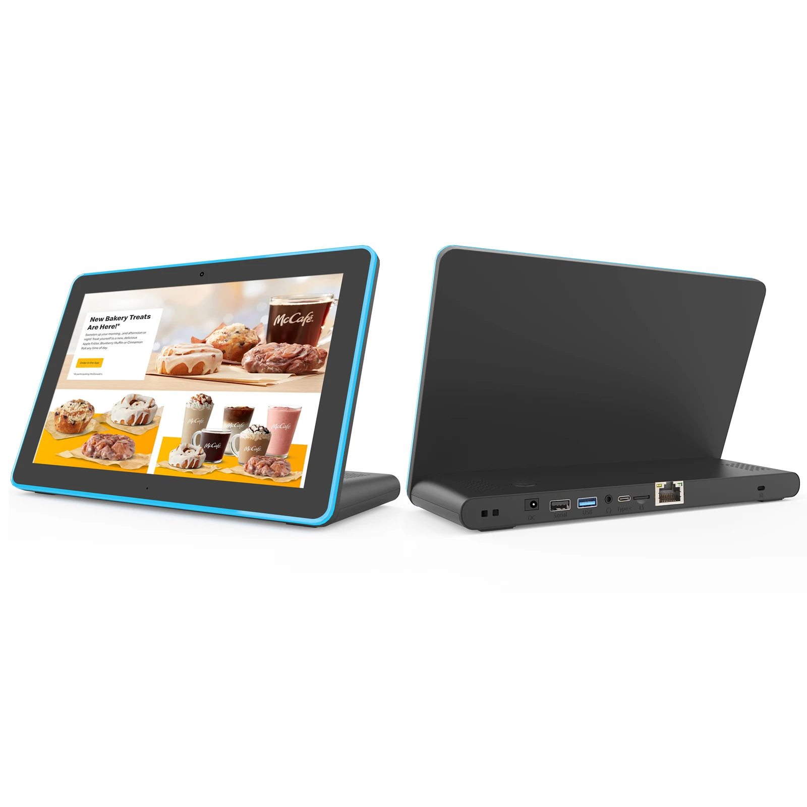 10" Android PoE desktop tablet equiped with Multi-color LED frame, Micphone, Camera, Speakers, BT, wifi, RJ45, Serial port, USB