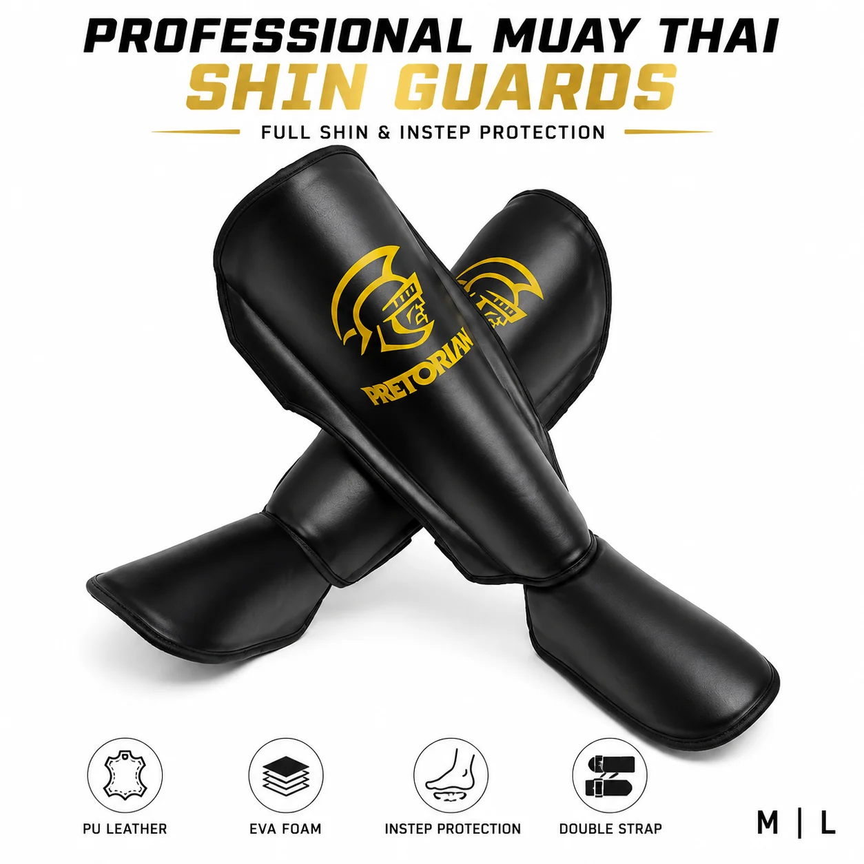 Pretorian Muay Thai Shin Guards with Instep Protection PU Leather MMA Kickboxing Karate Sparring Leg Protector M L