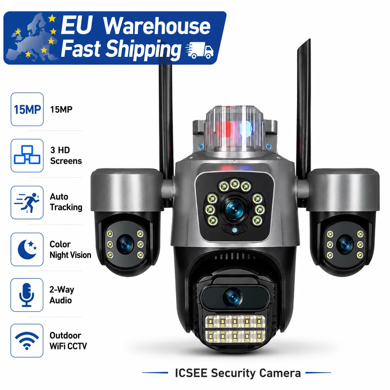 Image of EU-Lager Schnelle Lieferung 15MP WiFi-Sicherheitskamera ICSEE 3-Bildschirm Dreifach-Objektiv KI-Tracking-Kamera Farbnachtsicht Zwei-Wege-Audio Außen-CCTV-Kamera