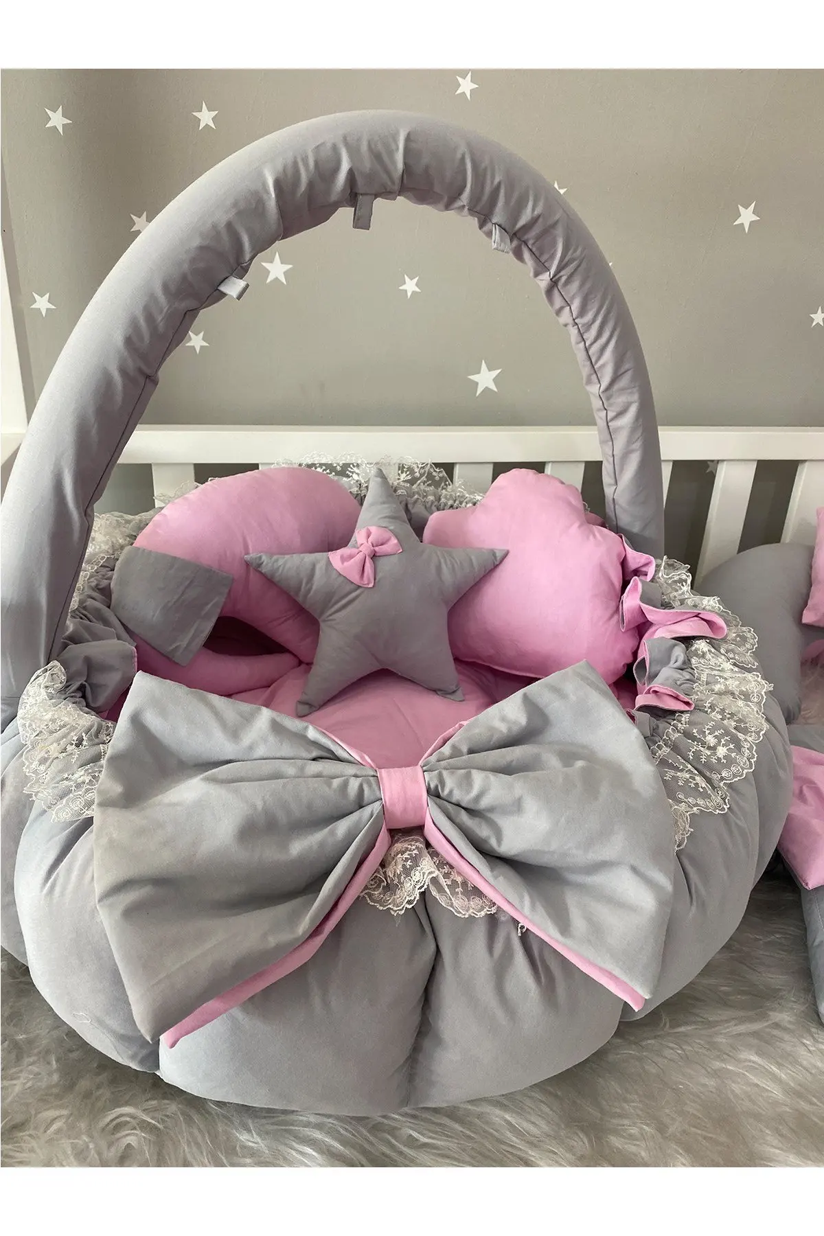 Juego de tapete de juego de lujo hecho a mano, diseño de combinación gris-Rosa, Babynest, 8 piezas