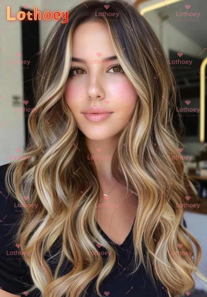 Лоothoey градиент натуральный коричневый мелирование натуральный блеск окрашенный белым золотом индивидуальный повседневный парик на шелковой основе парик с объемной волной