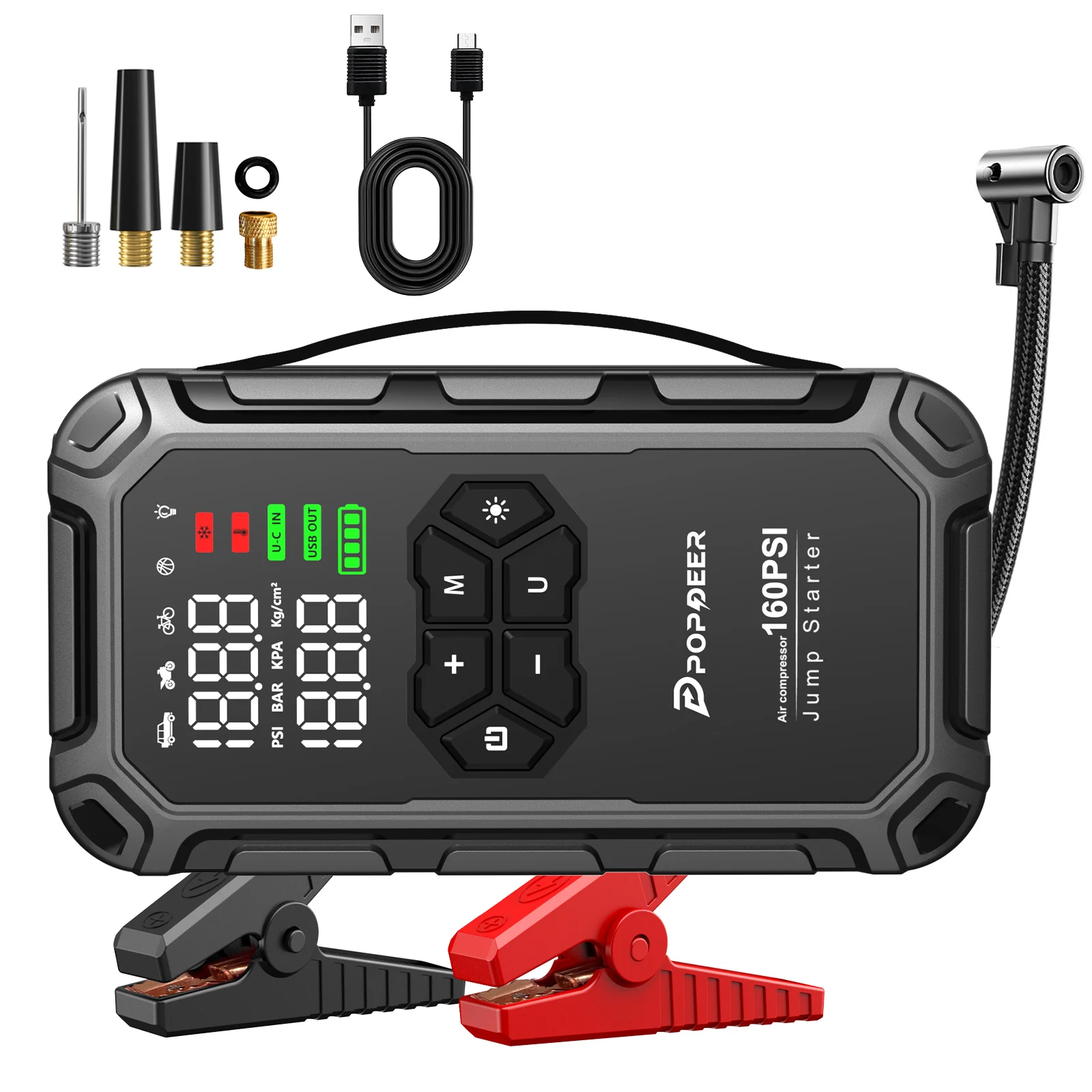 Démarreur de batterie POPDEER PD-JA66 6000A avec compresseur d'air 160 PSI, pour tous les moteurs à essence et diesel 8L, écran LCD, port USB, lumière LED