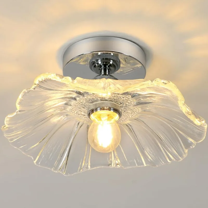 

Semi-flush mount ceiling light, modern floral ceiling light fixture with vintage glass shade for entryways, porches, hallways