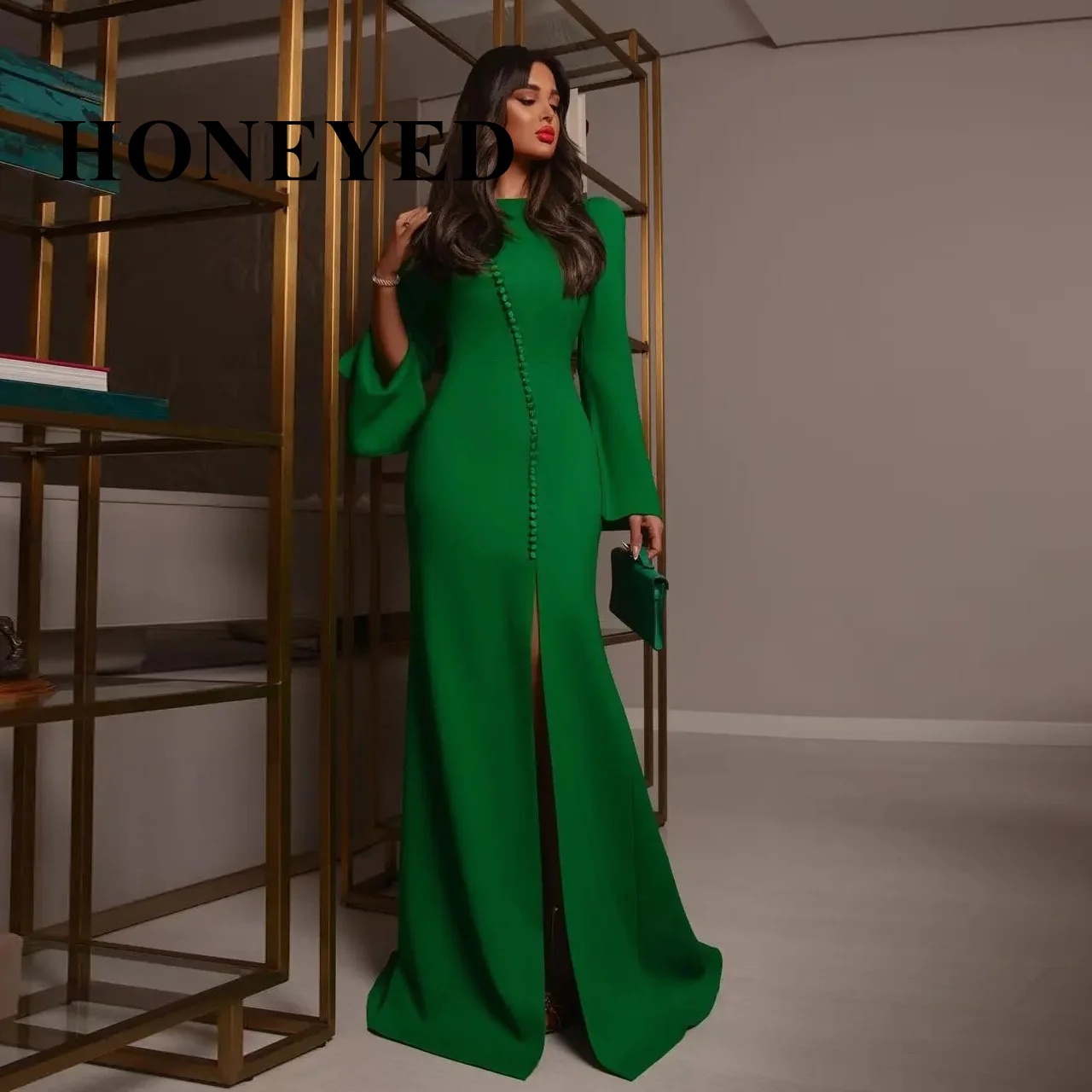 HONEYED 2023 O-neck Mermaid Green Prom Dresses Long Sleeves Floor Length Special Occasion Vestidos De Fiesta  Evening Dress