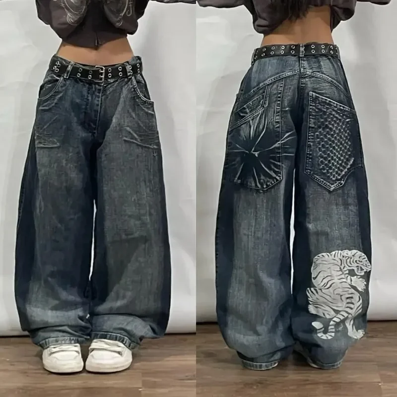 Nowy Harajuku Retro Big Tiger Head Embroidered Baggy Jeans Y2K Street Fashion Hip Hop Popular Gothic Casual Joker Spodnie z szerokimi nogawkami — zdjęcie 2