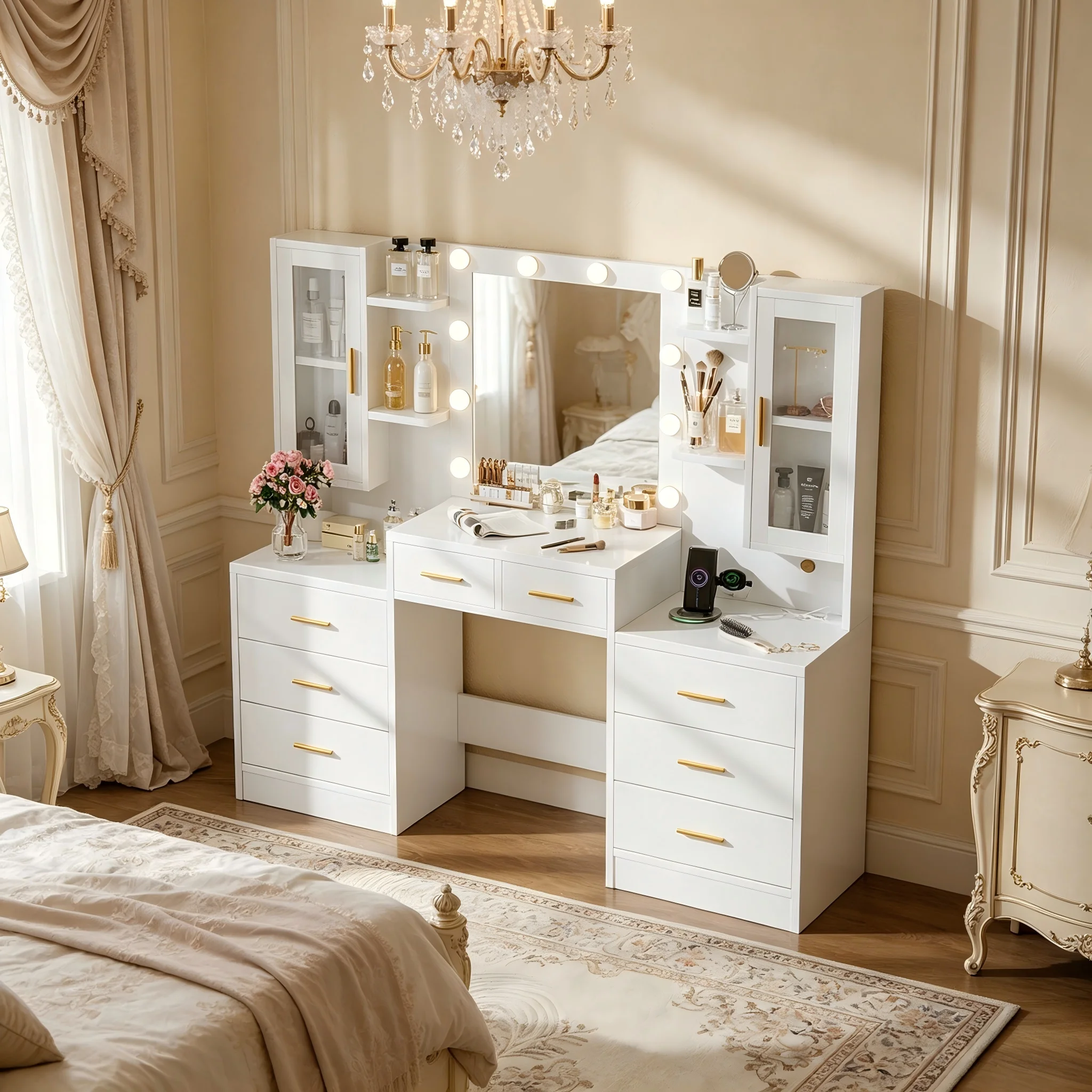 Grande Coiffeuse avec Miroir Éclairage LED Réglable 3 Couleurs et Prises Blanche Moderne 8 Tiroirs Ouvertes Coiffeuse 150x135x40cm