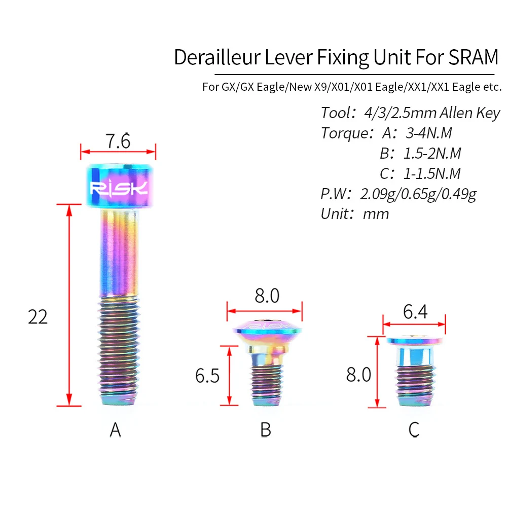 RISK 6PCS MTB Bike Derailleur Handle Bolts Titanium Alloy Bicycle Shift Brake Lever Fixing Screw For Sram GX/Eagle/X7/X9/X01/XX1