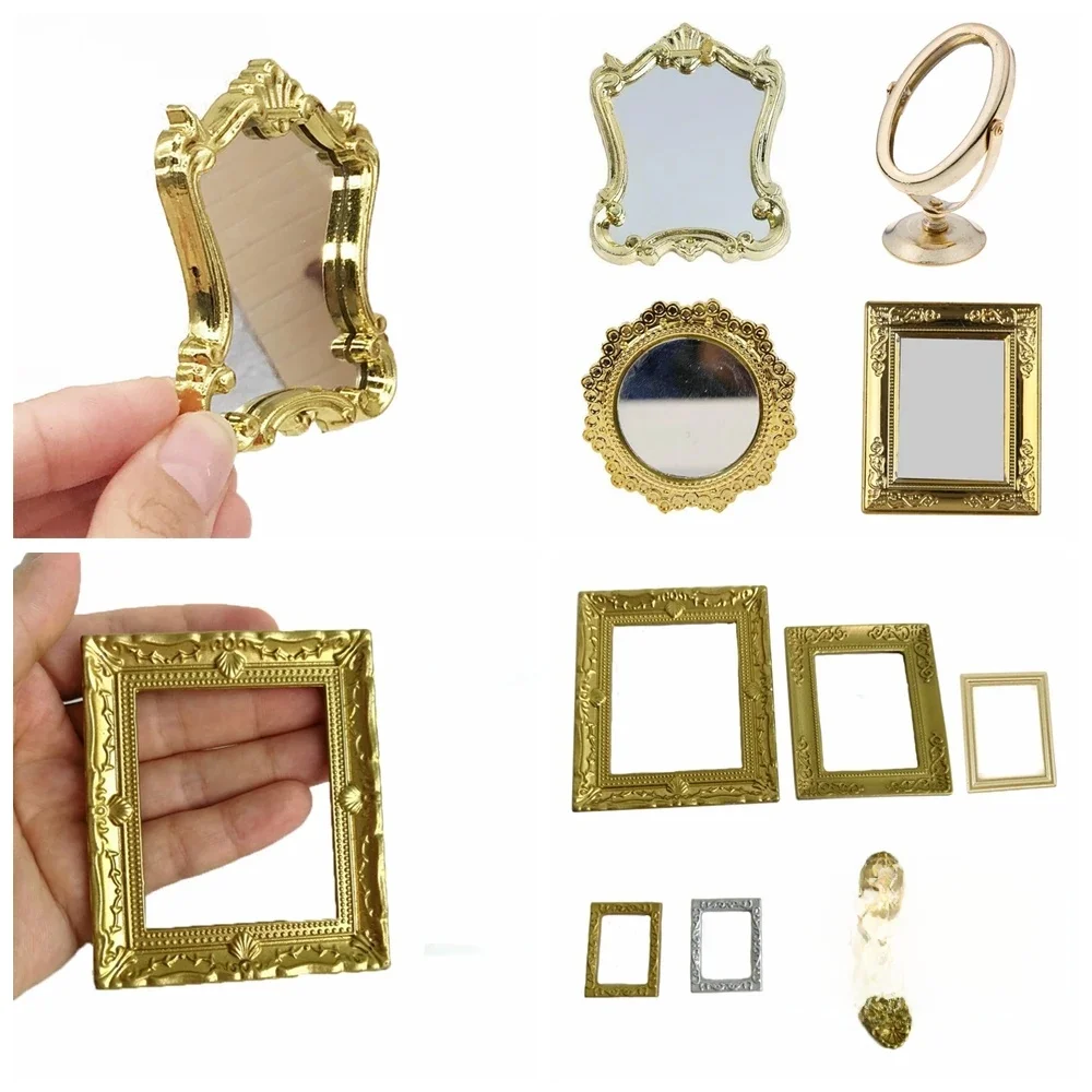 Ramki na zdjęcia w skali 1:12 lustro retro do wystroju domku dla lalek DIY ozdoba w stylu vintage meble akcesoria do domku dla lalek w stylu europejskim — zdjęcie 2