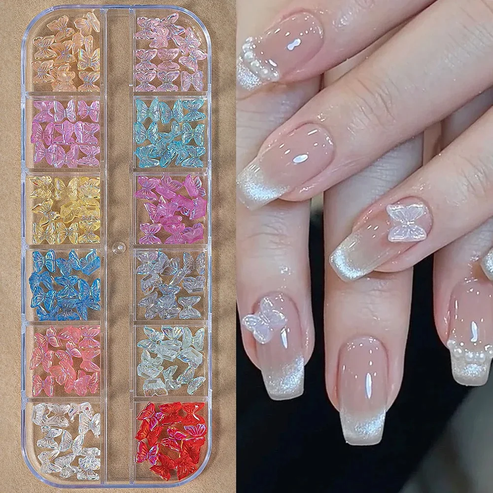 12 grilles colorées Aurora papillon ongles décoration gelée résine papillon décalcomanies Nail Art breloques 3D bricolage manucure papillon pièces *