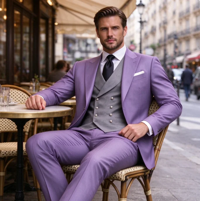 Lavender And Grey Men Suit Wedding Party Formal Groom Groomsman Prom Business Male Tuxedos 3 Piece Set Jacket Vest Pants