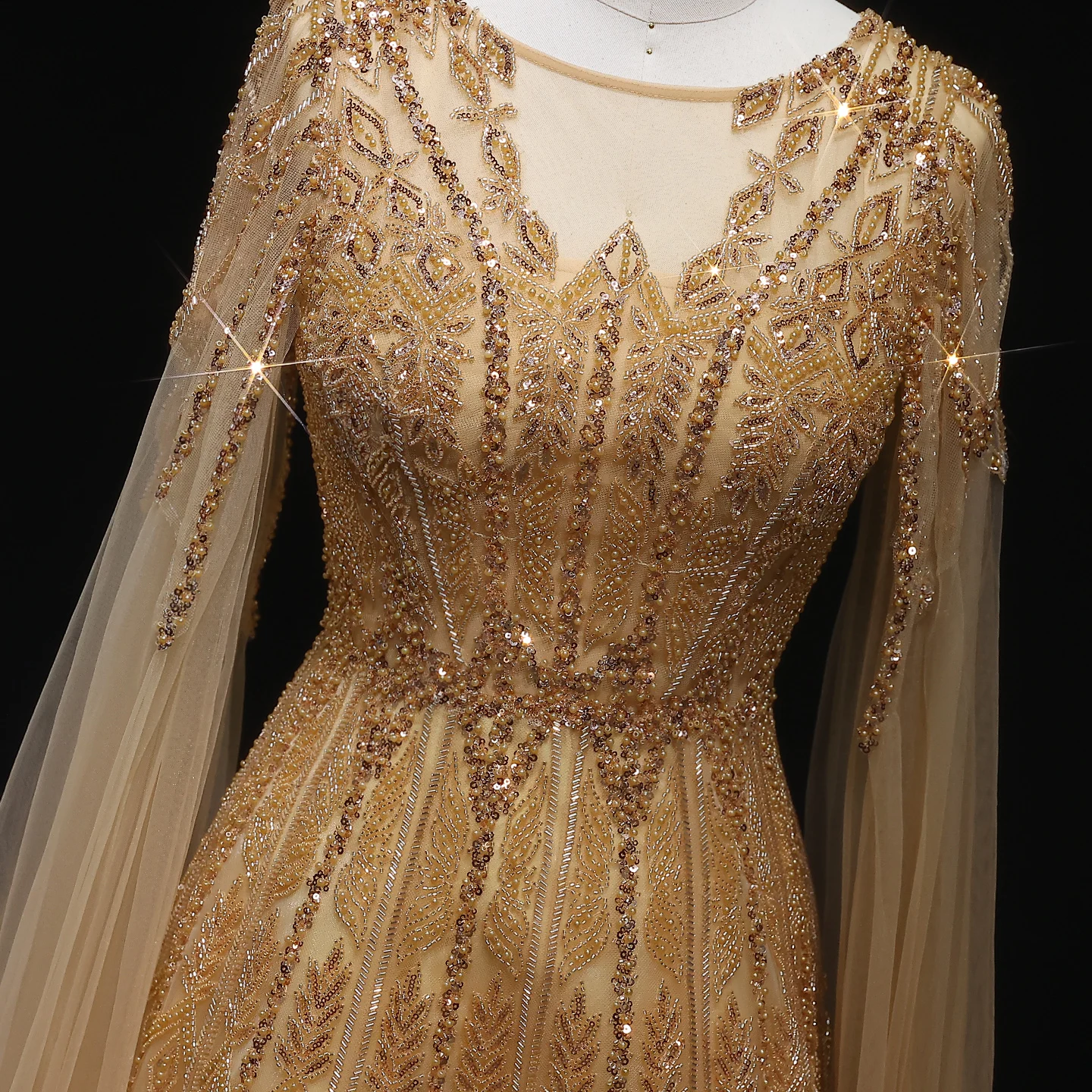 Sharon Said Luxuriöses Dubai Blaues Abendkleid mit Cape-Ärmeln in Übergröße, A-Linie, Arabisches Hochzeits- und Festkleid SS001, Maßanfertigung – Detail 29