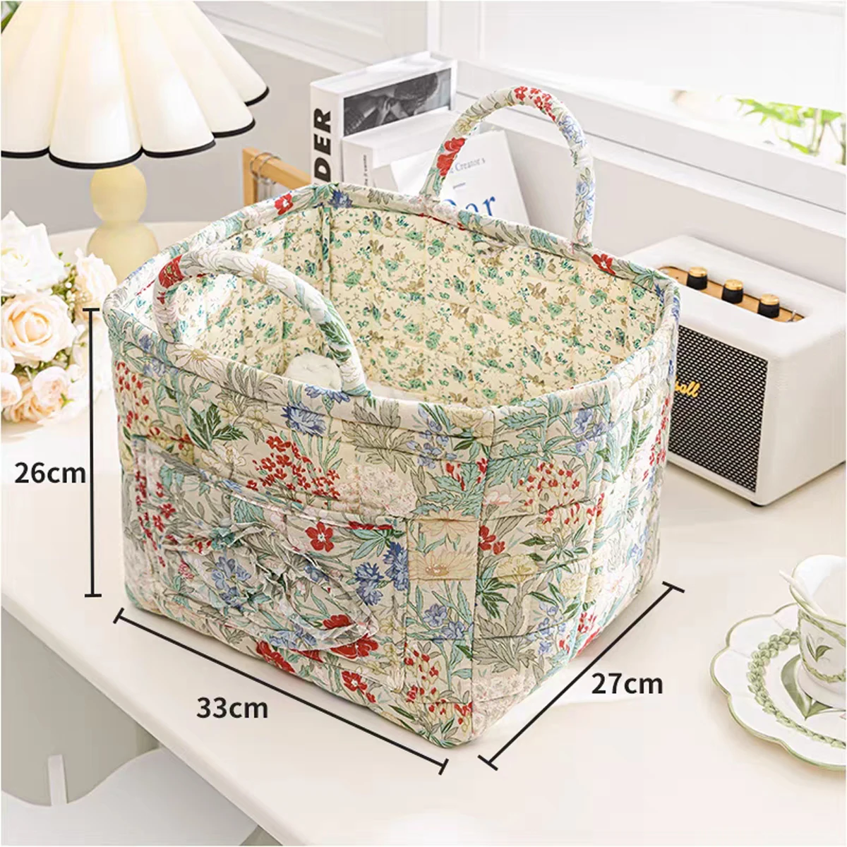 Floral Printed Large Capacity Storage Basket , Multi-Purpose Storage Bag with Handle, Foldable, Ideal for Kitchen and Office