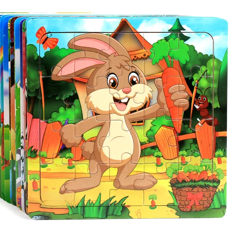 Nowe 20-elementowe drewniane puzzle 3D, kreskówkowe zwierzęta i pojazdy, układanka, zabawki edukacyjne Montessori dla dzieci w wieku 3-6 lat — zdjęcie 2
