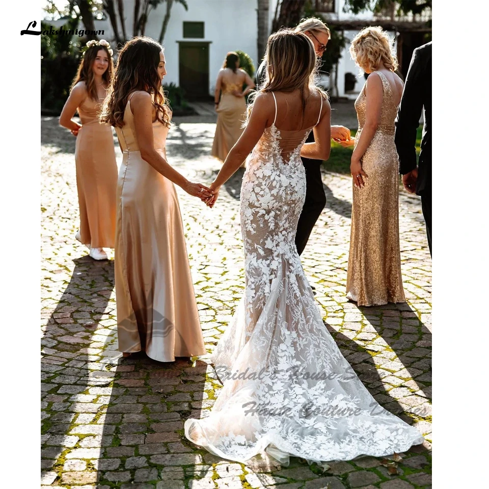 Lakshmigown Bohemian Meerjungfrau V-Ausschnitt Spitzen-Hochzeitskleider 2026 Vestidos Civil Damen Strand-Brautkleid mit Spaghettiträgern Maßanfertigung – Detail 4