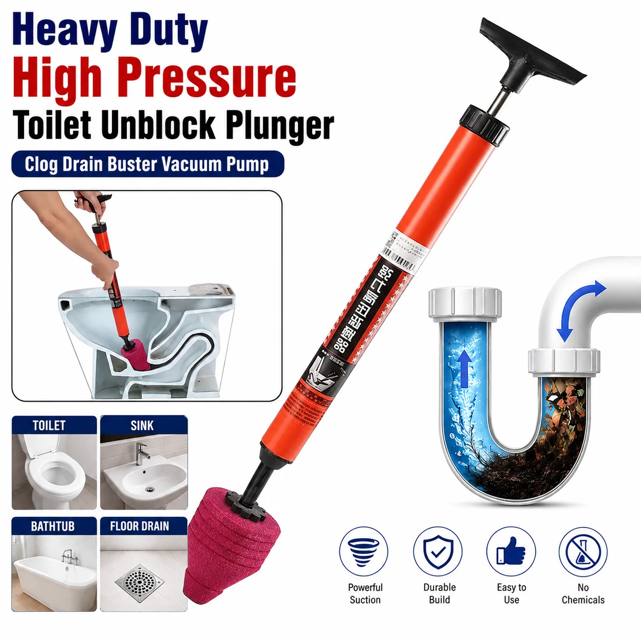 Heavy Duty High Pressure Toilet Plunger Drain Clog Remover Vacuum Pump Unblocker For Toilet Sink Bathtub Floor Drain