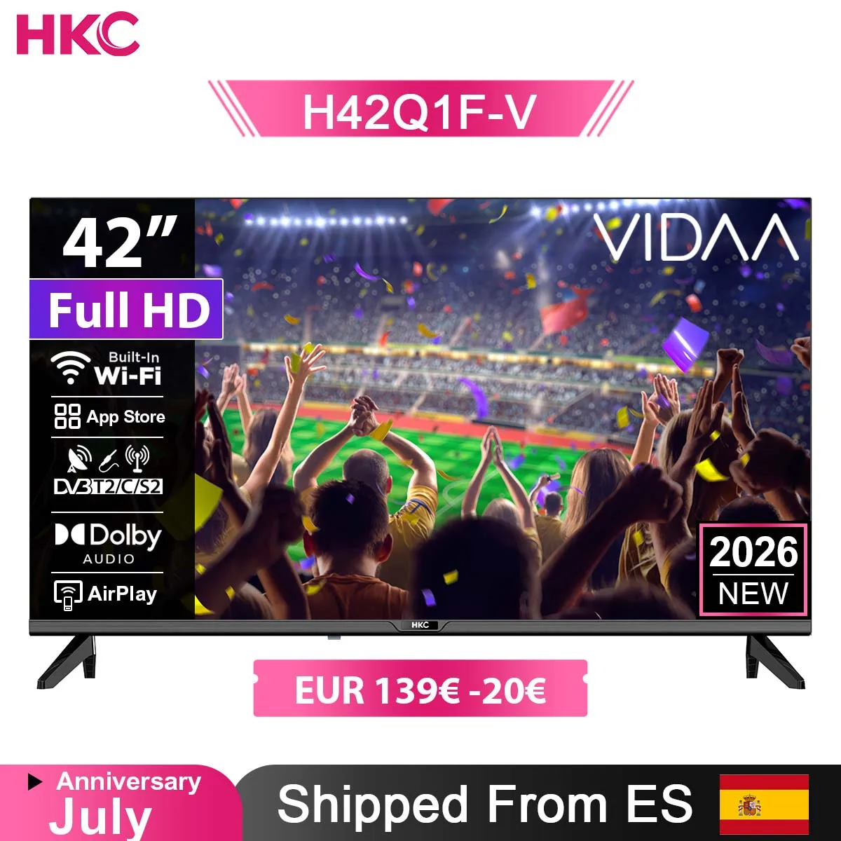 Téléviseur intelligent HKC 42Q1L 42 pouces FHD VIDAA Full DVB T2 S2 C avec panneau Sharp, HDR10, Dolby Audio, port HDMI AV et port pour écouteurs