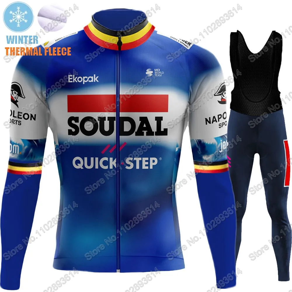 Soudal Quick Step 2024 Belgium Cycling Jersey Winter Clothing Set Thermal World Champion Long Sleeve Pants Bib Bike Suit MTB