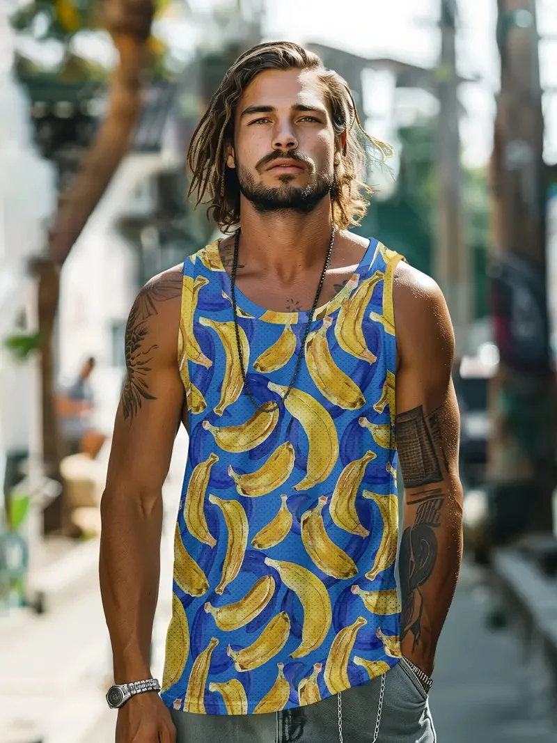 Fresh Printed Sleeveless Sports Men\'s Tank Top Holiday Street Fashion Round Neck Breathable Comfortable Short Sleeve Sports Tops