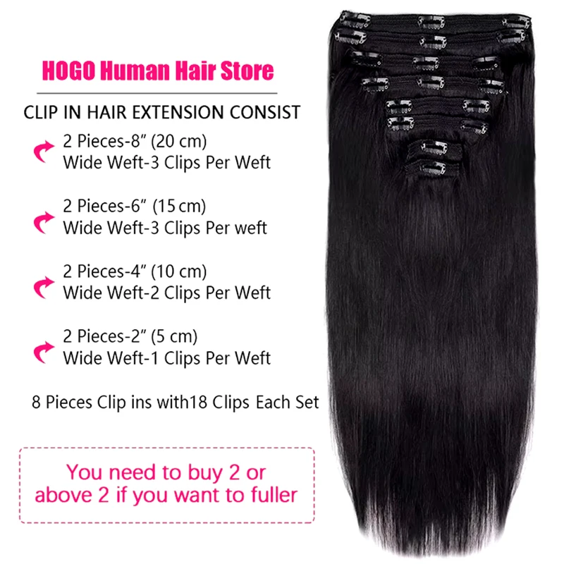 Extensiones de cabello con Clip, cabello humano Real, extensión de cabello humano Remy con Clip para mujeres, cabello humano liso Natural 1B, negro Natural