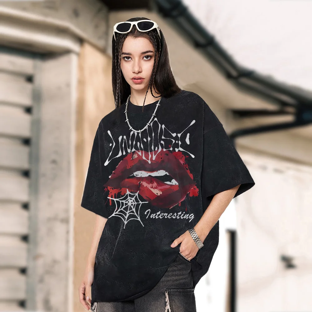 

Flaming Red Lips Sexy Bold Unique Women Y2k Clothes Tee Cuteore Graphic Print Retro Casual Trendy Summer Daily Machine Washable