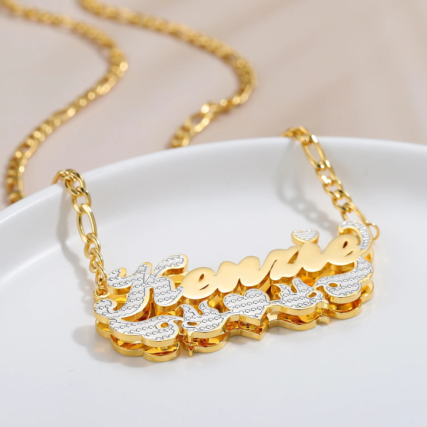 Stainless Steel Double Layer Custom Heart Name Necklace Figaro Chain Personalized Two Color Name Valentine's Day Gift For Her