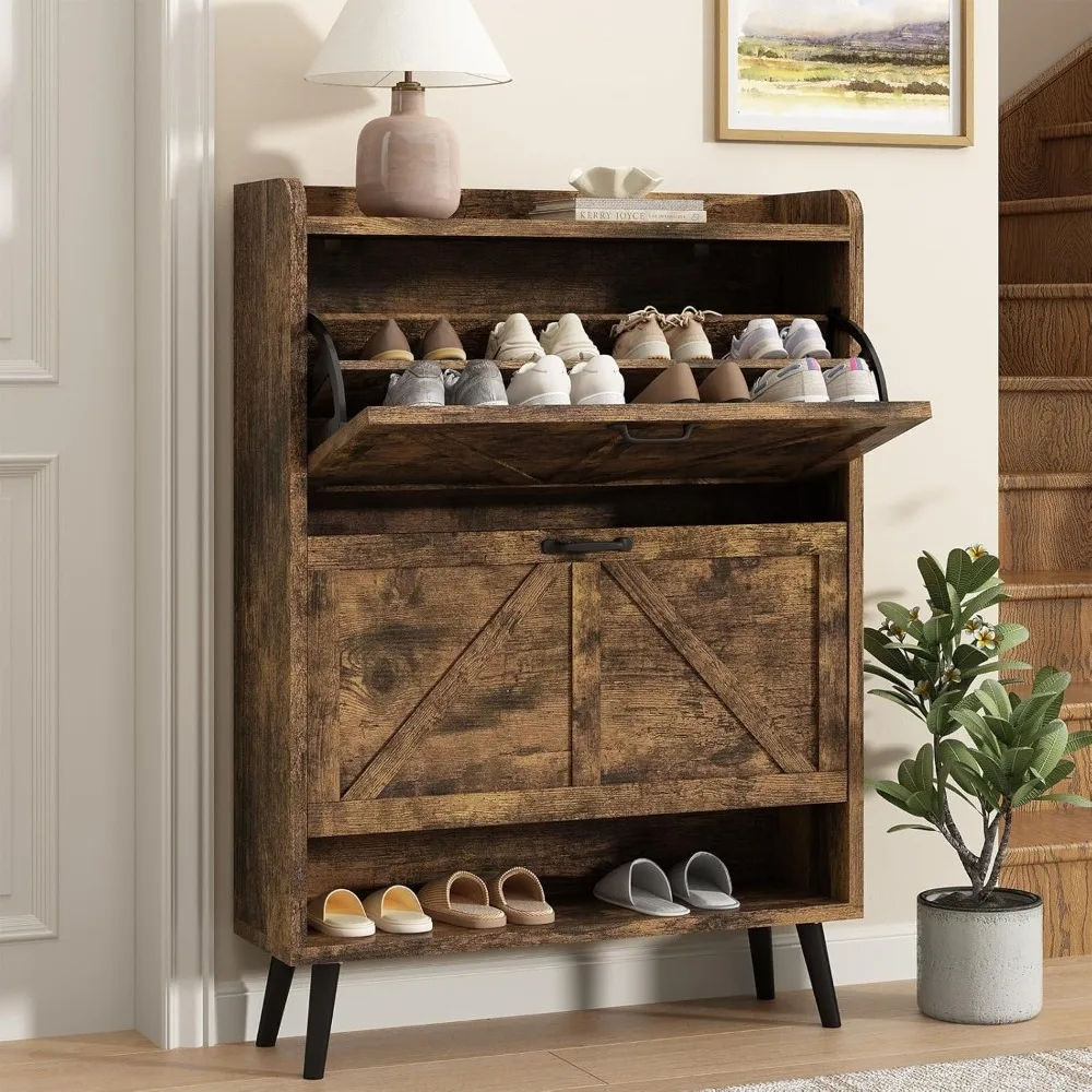 

Shoe Storage Cabinet for Entryway, Hidden Shoe Cabinet with 2 Flip Drawers, Free Standing Wooden Shoe Cabinet