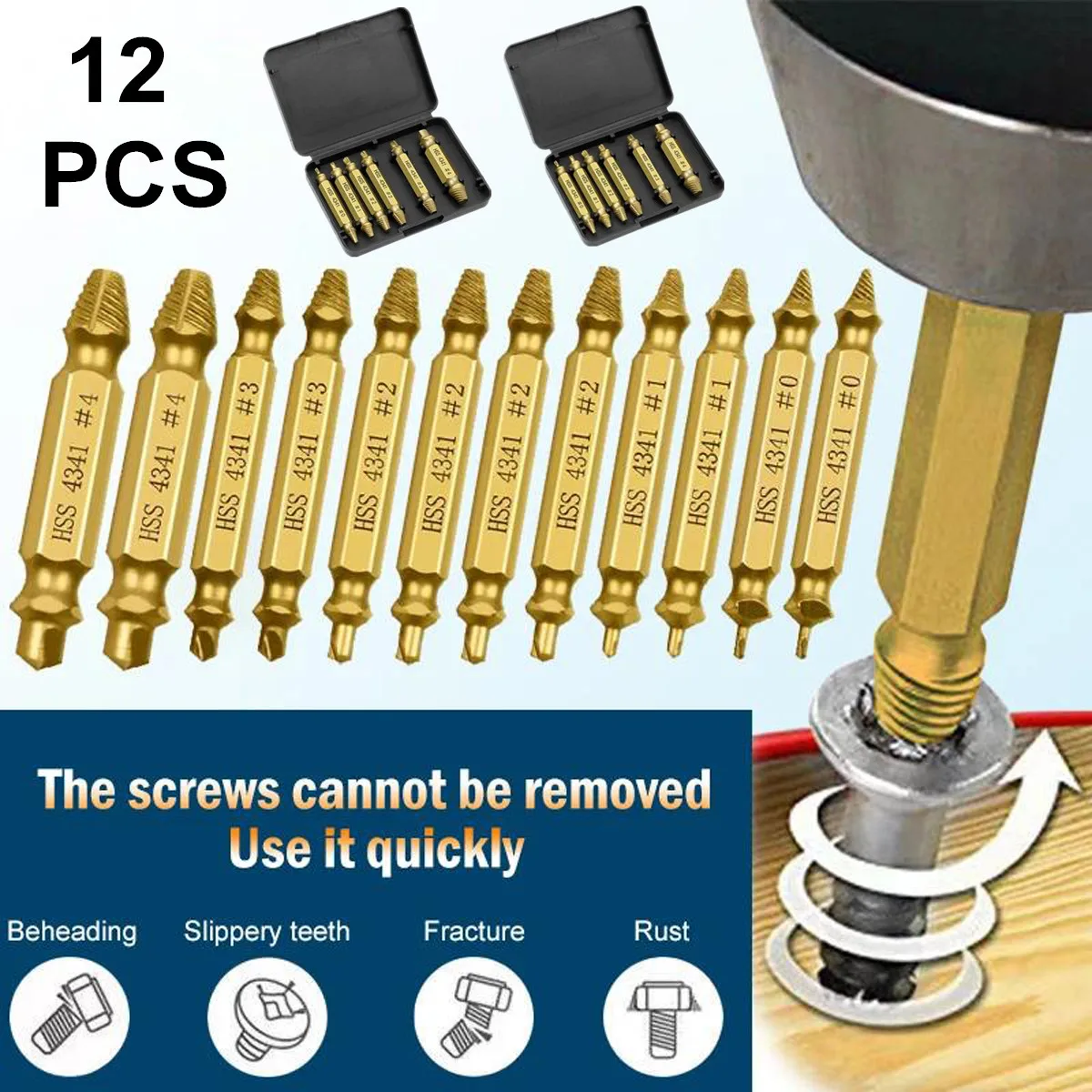 12PCS Damaged Screw Extractor Set Broken Bolt Stripped Screw Remover Drill Bit Tool Kit For Easy Removal