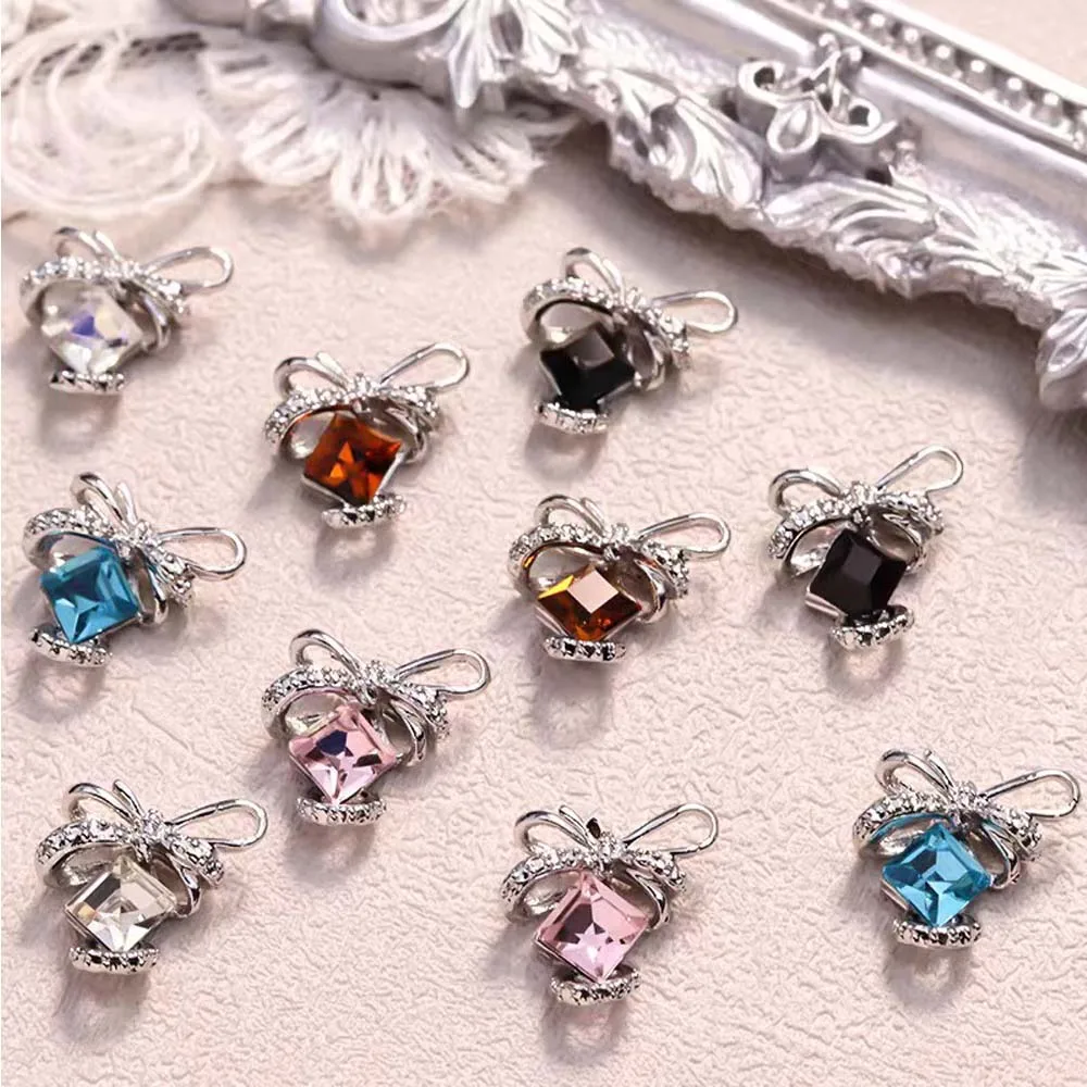 10Pcs Zircon Crystal Nail Art Charms 3D Alloy Light Luxury Bow Square Drill Nail Art Rhinestones Shiny DIY Manicure Accessories