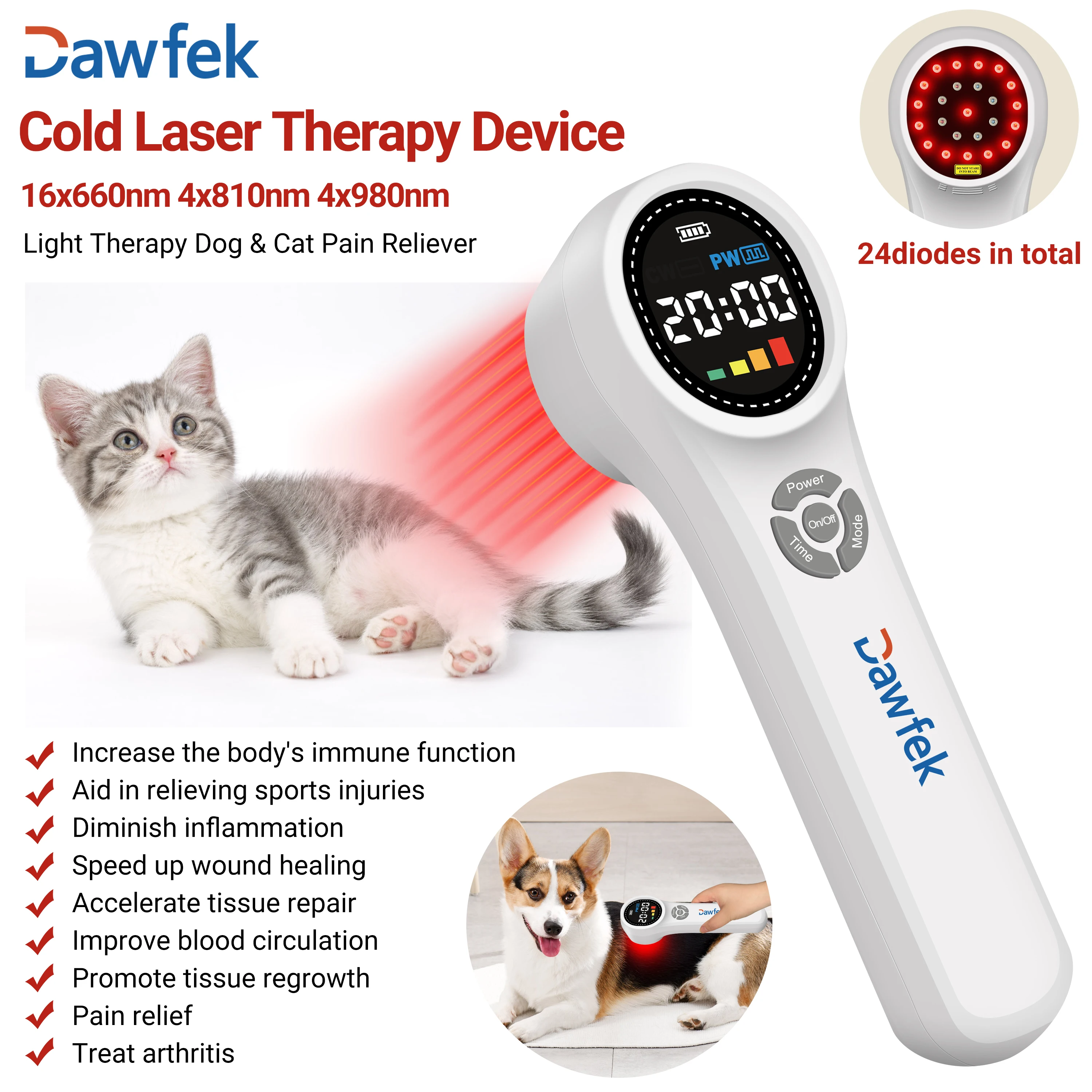 

Dawfek New Low Level Cold Laser Therapy Device 660nm 810nm 980nm Infrared Laser Lights for Body Pain Relief Wound Healing