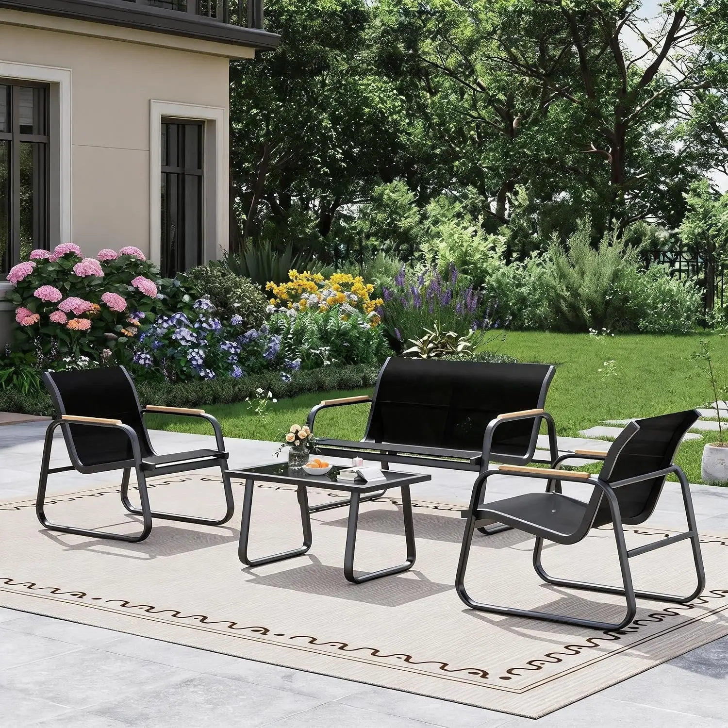 Set da giardino, composto da 4 elementi, ideale per creare un angolo relax all’aperto, con tessuto traspirante in rete Textilene, robusta struttura in ferro verniciato a polvere, set di divani per