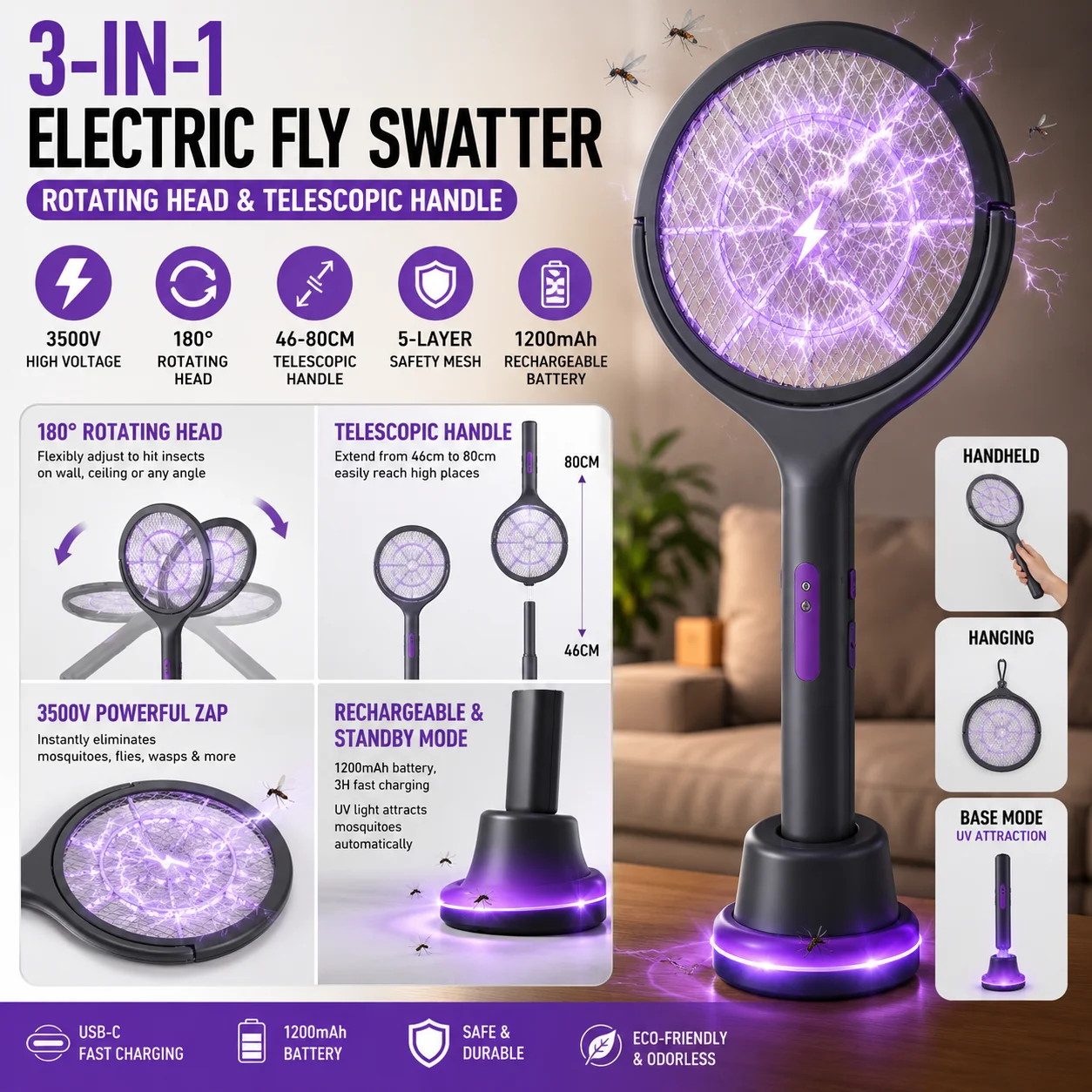 Image of 3-in-1 Elektrische Fliegenklatsche mit Mückenfallenbasis, 3500V wiederaufladbarer Insektenvernichter, Teleskopgriff, 180° ° Drehbarer Kopf, USB-C-Schnellladung, für drinnen & draußen