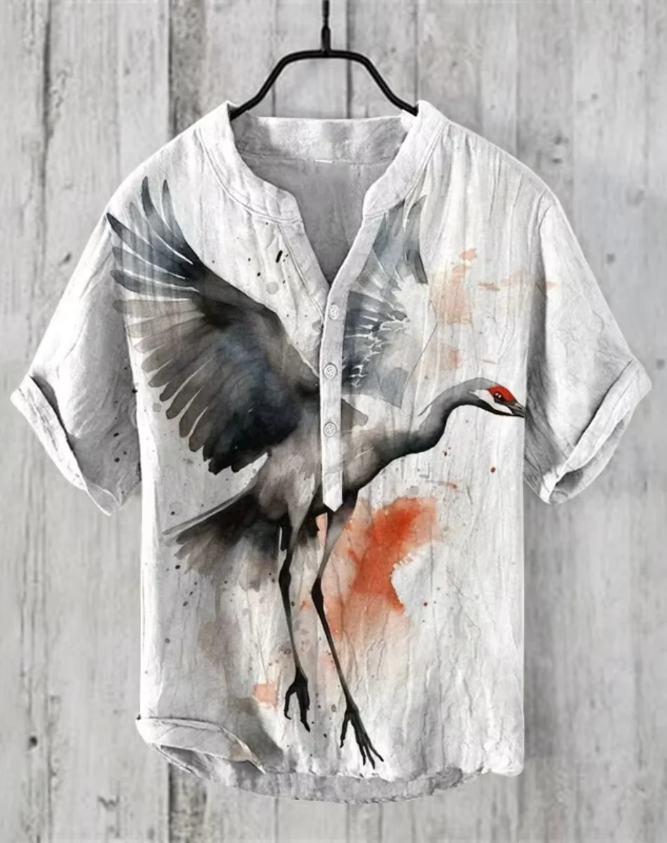 Новая мужская льняная рубашка с коротким рукавом и 3D-принтом «Летающие журавли и лягушки», пуловер, гавайская пляжная рубашка с коротким рукавом для мужчин