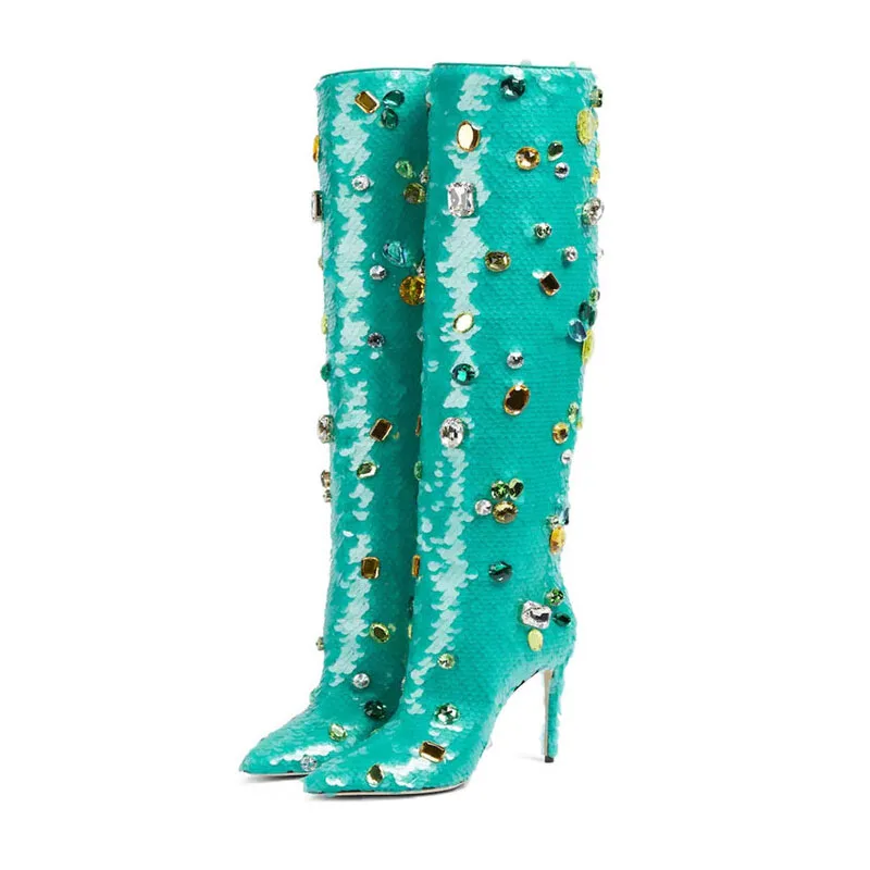 

Bling Bling Crystal Knee-Length Boots Women Stiletto Pointed Toe High-Heel Fashion Rhinestone Party Shoes Green Zapatos Mujer