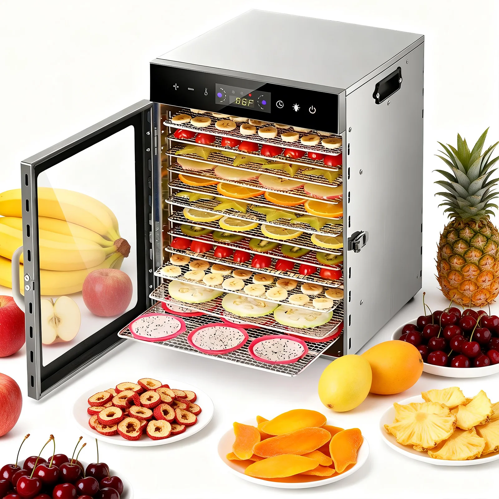 6/8/12-Fach-Dörrgerät für Lebensmittel und Trockenfleisch mit 24-Stunden-Timer und Beleuchtung, Trockengestell 800W 30-90 ℃ Gemüse- und Obsttrockner