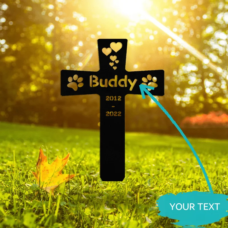 Special Metal Stake: Personalized Dog Paw Print Tombstone Marker - Cross Garden Stake for Pet Loss - Dog Mom Gift image 5