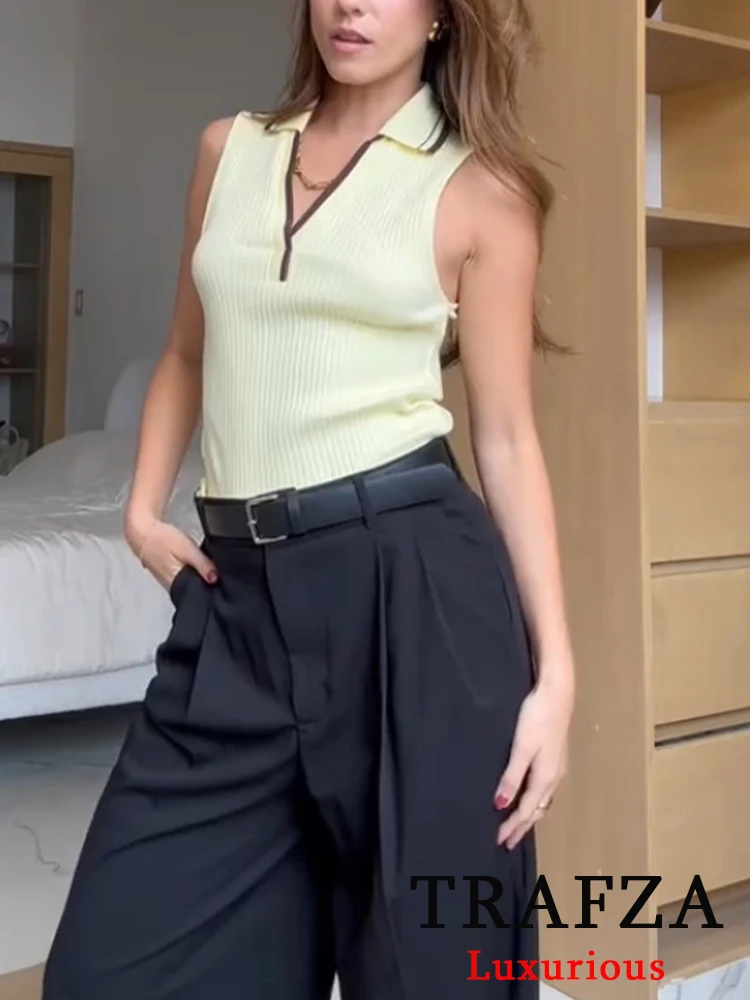 

TRAFZA Vintage Casual Chic Women Tops Turn-down Collar Striped Sleeveless Slim Vest New Fashion 2025 Spring Summer Holiday Tops
