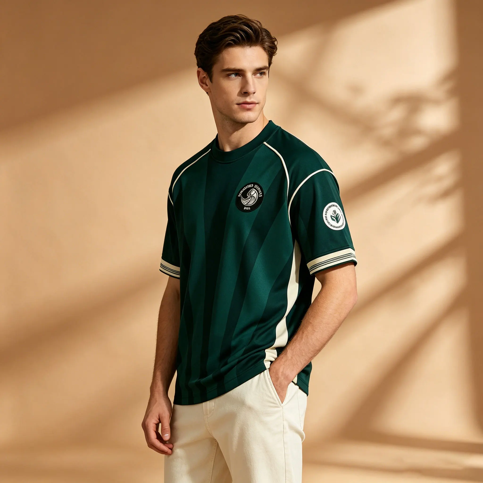 Men Dark Green Vertical Stripe Soccer Jersey Quick Dry Short Sleeve Retro Football Training Sport Tee