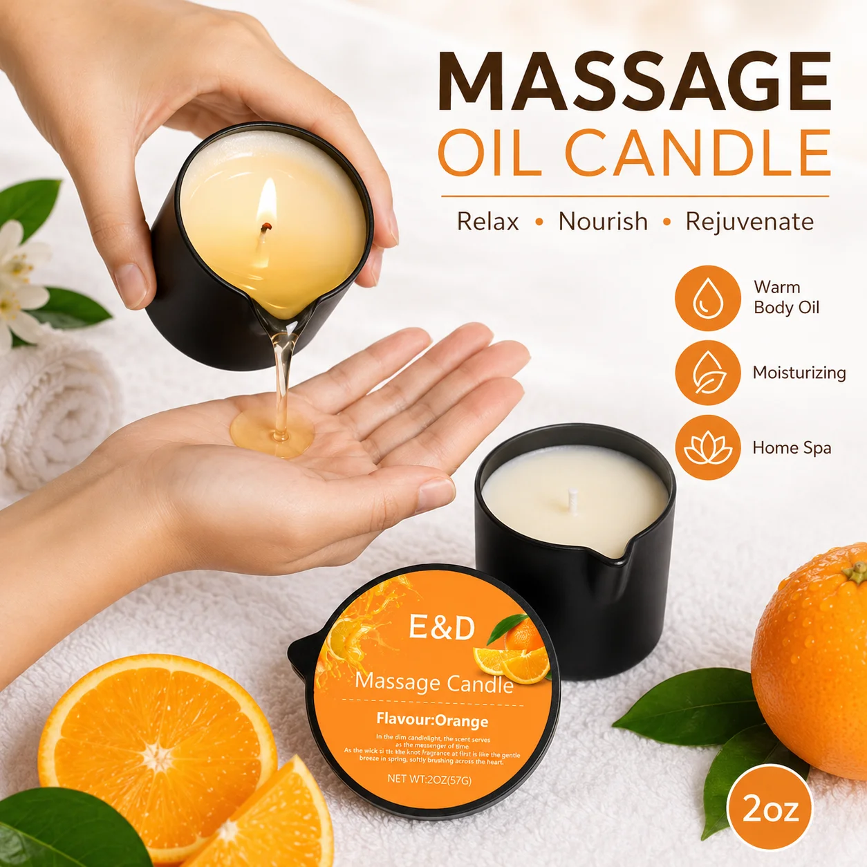 Massage Candle Melting - เทียนน้ำมันนวดตัวกลิ่นส้ม 2 ออนซ์, เทียนนวดตัวละลายเป็นน้ำมันบำรุงผิวอุ่นๆ, ของขวัญสปาในบ้านเพื่อการบำรุงผิวและอโรมาเธอราพีสำหรับผู้หญิง