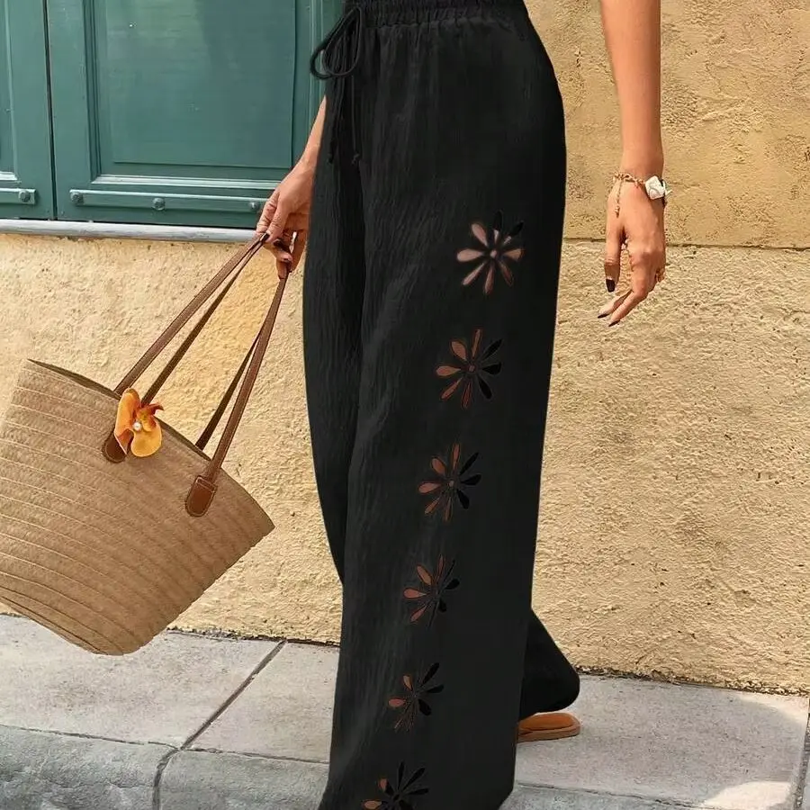 Damen Weite Hosen Sommer Lässige Hochgeschnittene Hose mit Kordelzug Locker Sitzende Spitzen-Patchwork Gerade Hose Atmungsaktiv Strand-Style 2026