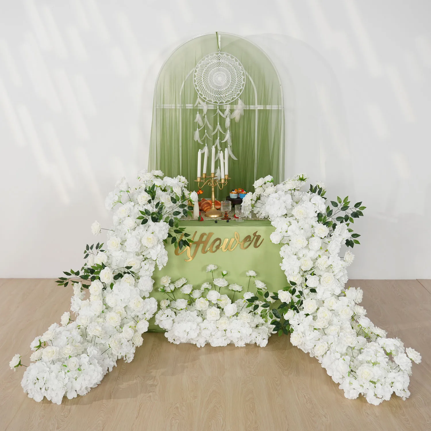 

Uflower Luxury White Rose Hydrangea Artificial Flower Row Wedding Backdrop Runner Table Centerpiece Floral Event Party Props
