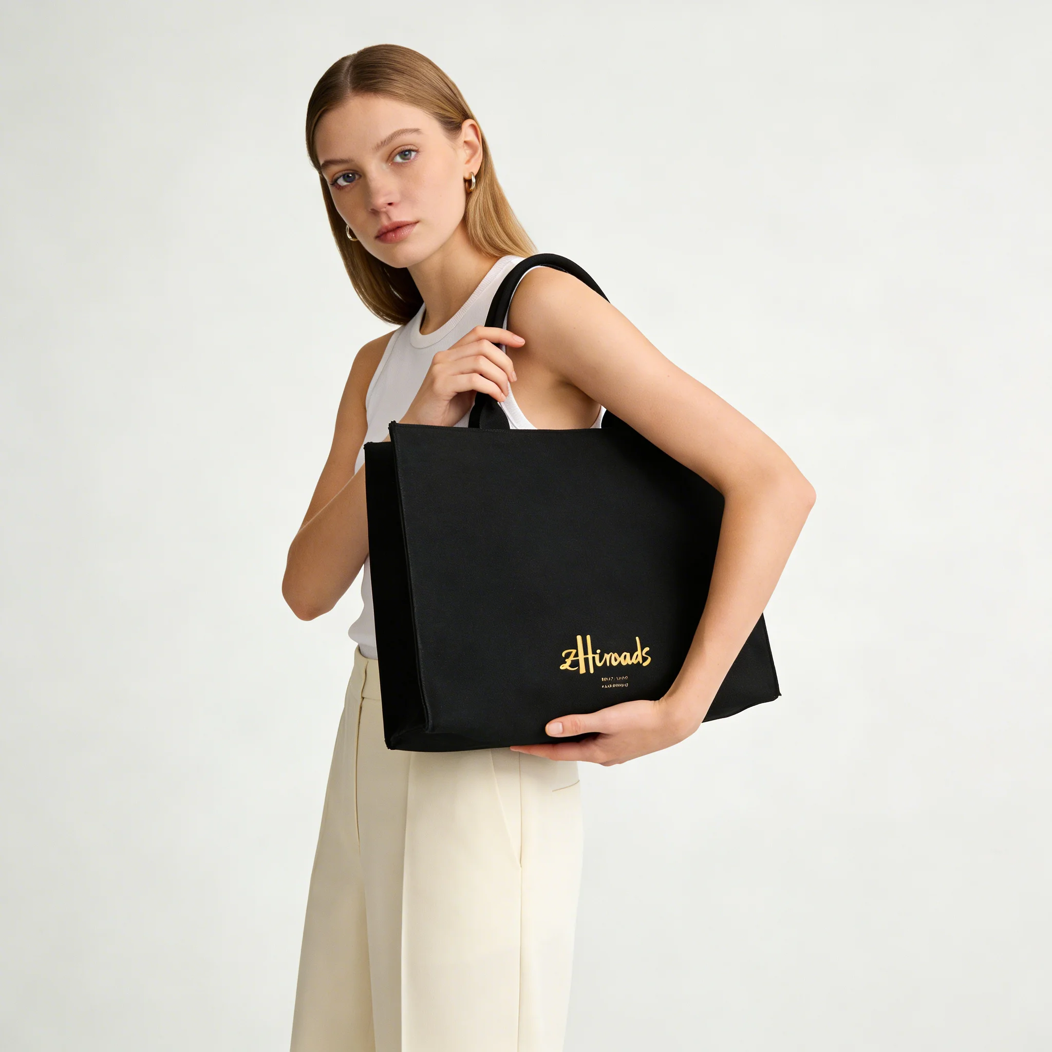 

Hot Luxury Large Tote Bag Women Black Canvas Gold Logo Shoulder Shopping Bag Designer Style Casual Beach Work Handbag Female