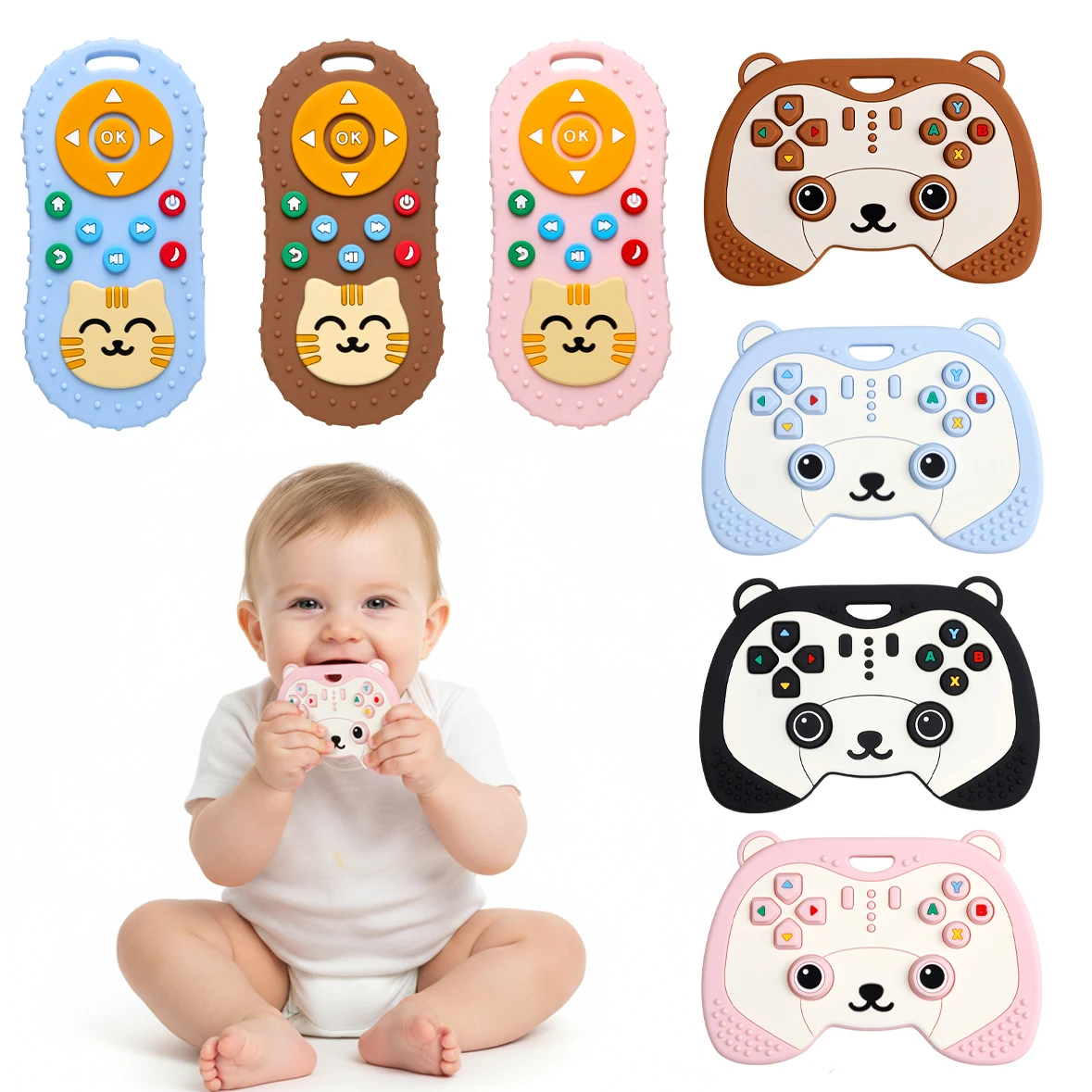 Baby Teething Toy, 2Pcs Silicone Bear Gamepad Cat Remote Control Teether