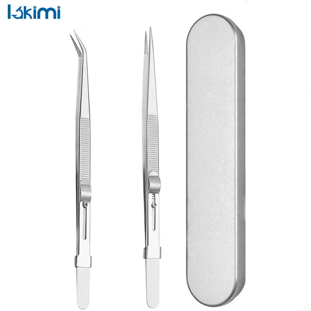 

Precision Stainless Steel Tweezers 2pcs – Fine Tip Straight and Curved Non-Slip Locking Tweezers for Jewelry LK-AA17